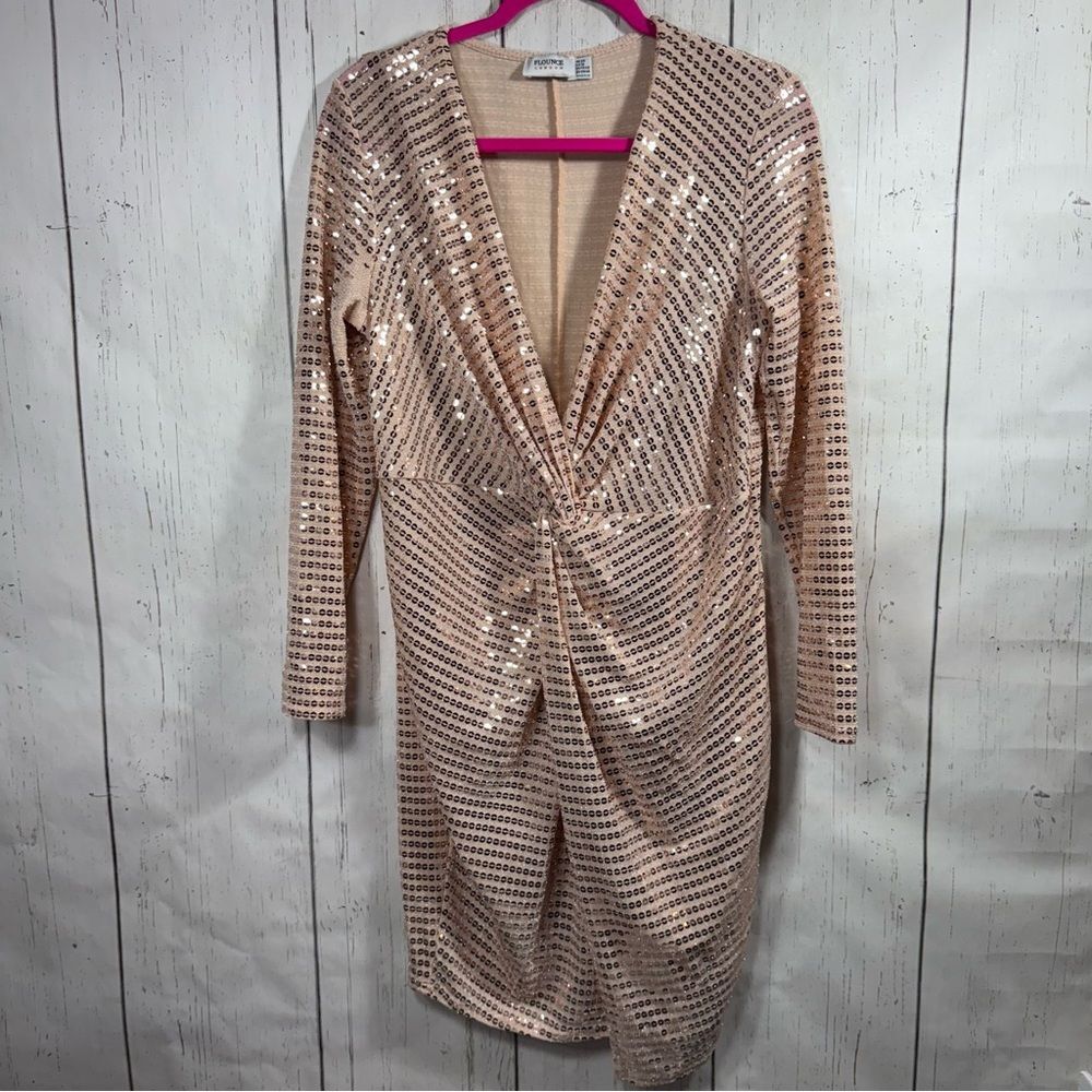 Flounce London Metallic Sequins Long Sleeves V Deep Neck Sparkly Mini Dress